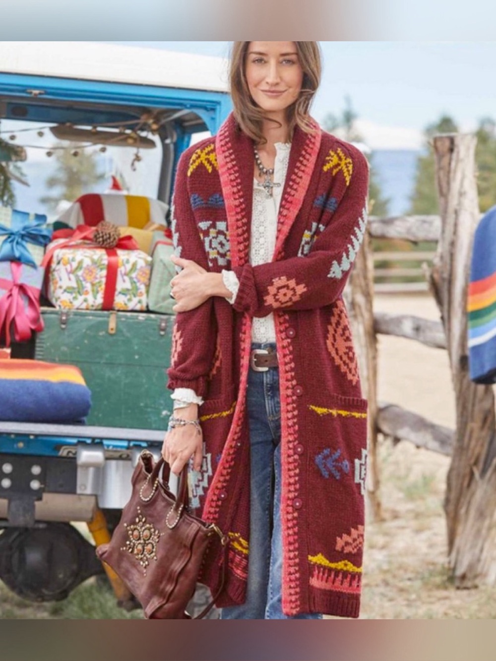 Rare Sundance Tayen Sweater Coat Cozy Burgundy Boho Patterned Size LP